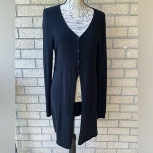 Eileen Fisher Silk Cashmere Long Length Button Front Luxury Black Knit Cardigan
